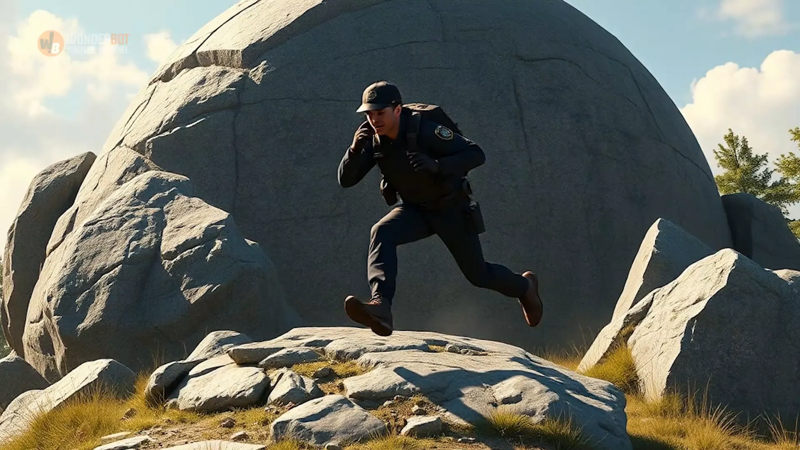 The officer calls for backup after inspecting the boulder