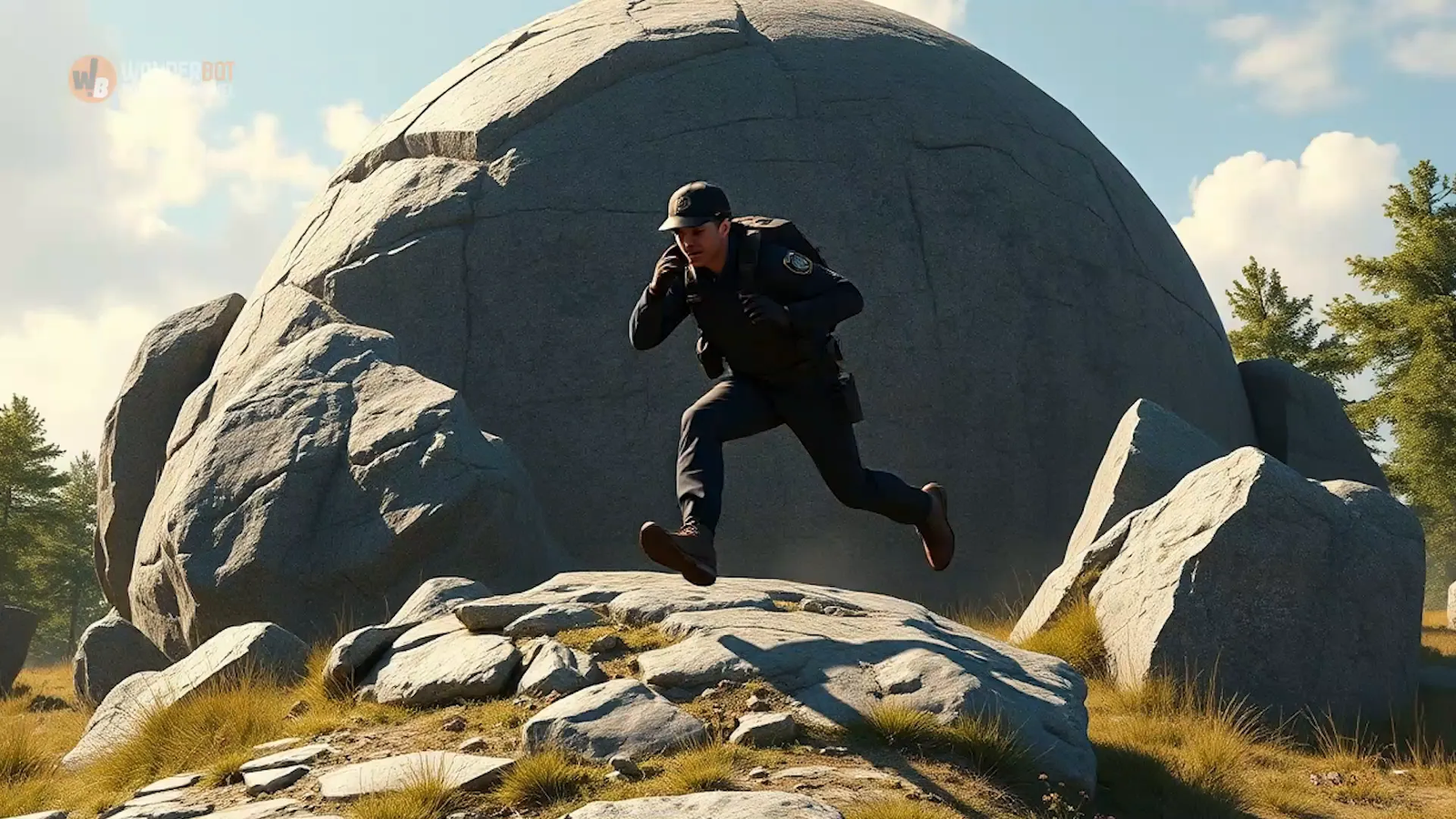 The officer inspects the boulder with concern