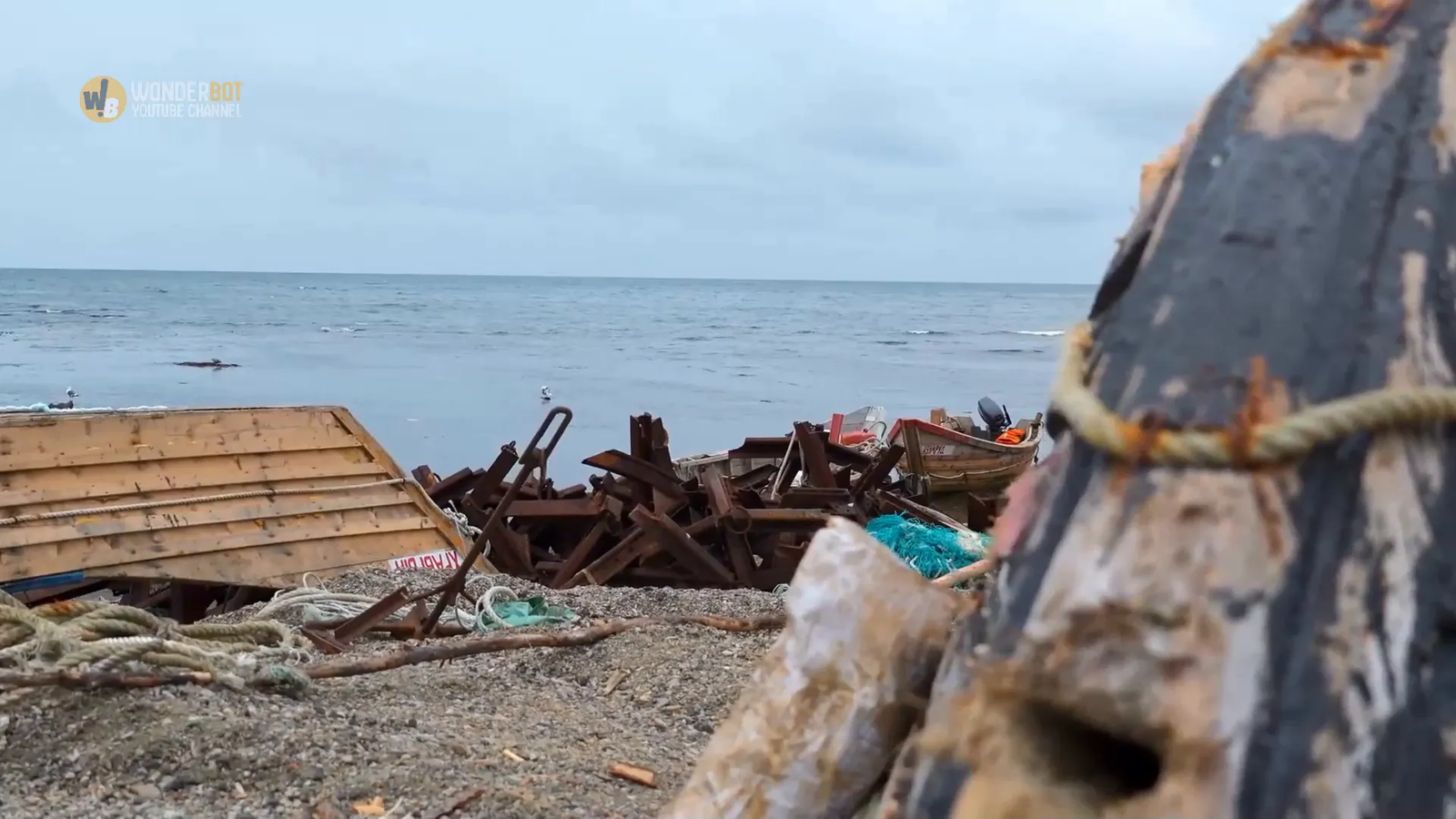 Examining the remains of the raft